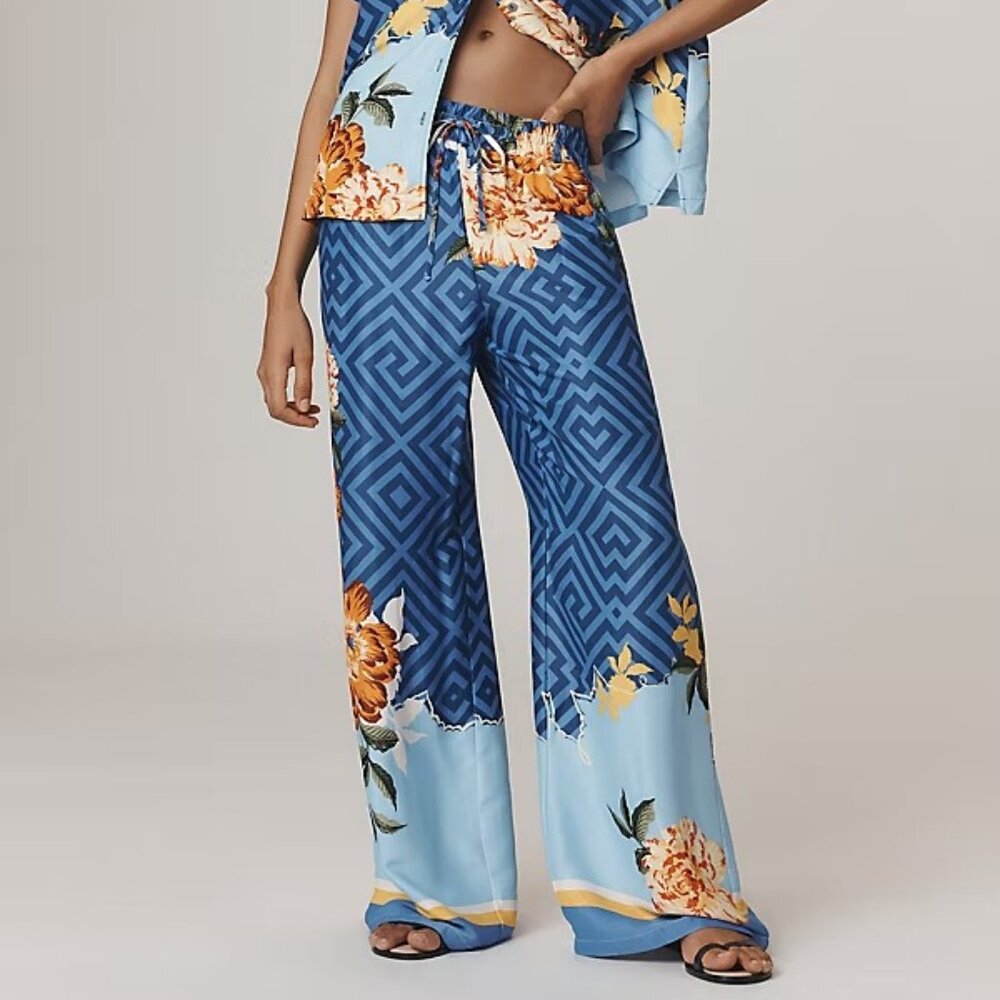 Floral Geometric Wide-Leg Casual Pants - Light Blue